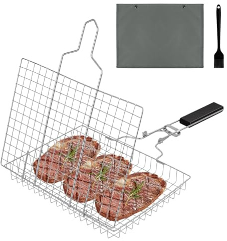NUTKIT Cesta para Asar a la Parrilla,304Parrilla Acero Inoxidable para Asar | con Bolsa y Cepillo, con Mango de Madera Desmontable, para Pescado, Carne, Verduras, Asado, Camarón, etc