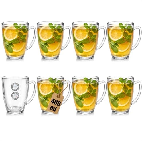 com-four® 8x Teeglas aus gehärtetem Glas, 400ml hitzebeständige | Große Trinkgläser mit Henkel für Tee - Kakao - Kaffee und Cappuccino