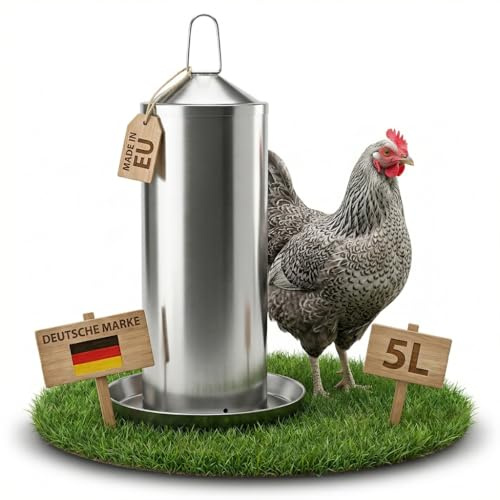 Hühnertränke Edelstahl 5L, Geflügeltränke für Hühner | Für Wachteln & Enten, hängend oder bodenstehend, UV-beständig, frostsicher, leicht zu reinigen, EU hergestellt