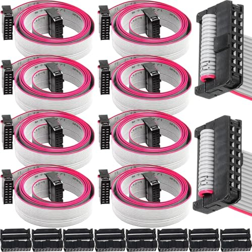 HAAMNING7 8 Stück Flachbandkabel mit 16-poligem IDC-Flachstecker (2,54 mm Rastermaß, 28 AWG, Buchse/Buchse) und 8 FC-16P-Steckern für Motherboards, 30 cm