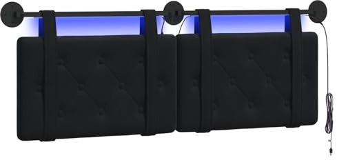 vidaXL Hängendes Kopfteil Mit LED Licht Schwarz Samt, Bettkopfteil, Rechteckig aus Samt, Wandmontage, Bequeme Polsterung, Knopfheftung, Platzsparend Décor
