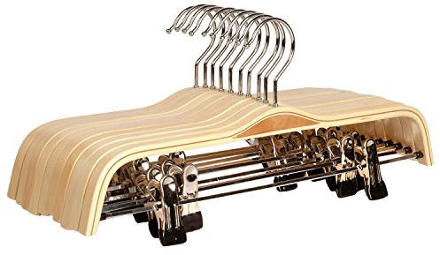 LOHAS Home 10-Pack Solid Natural Finish Wooden Trousers/Skirt Hangers with Anti-rust Clips