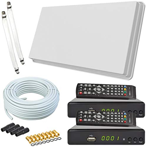 netshop 25 Selfsat H30D2+ Flachantenne Twin + 2 HD Receiver + 20m Kabel Anschluss Set (2 Fensterdurchführung + 8 F-Stecker + 4 Wetterschutztüllen) Sat Anlage für 2 Teilnehmer
