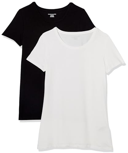 Amazon Essentials Damen T-Shirt mit kurzen Ärmeln und Rundhalsausschnitt in normaler Passform, 2er-Pack, Schwarz/Weiß, XL