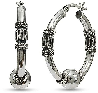 LeCalla Sterling Silver Jewelry Antique Bali Light-Weight Hoop Click-Top Earrings for Women 22 MM