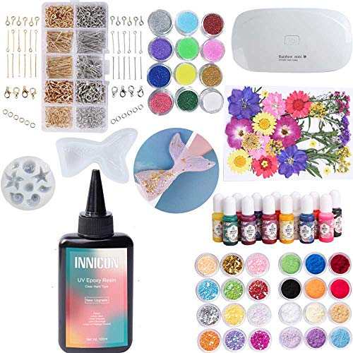 INNICON Epoxy UV Resin Kleber Tool Kit, Pailletten Farbstoff Pigment getrocknete Blume Meerjungfrau Silikonformen für DIY Schmuck Charms Halskette Handwerk, Kristallklar, 100ml Kein Mischen, UV-Lampe