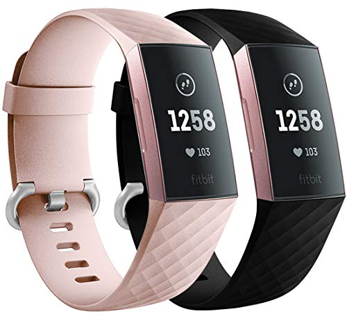 Faliogo 2 Pack Replacement Bands Compatible with Fitbit Charge 3 Bracelet/Fitbit Charge 4 Bracelet, Classic Sport Bands for Women Men, Large, Black/Pink