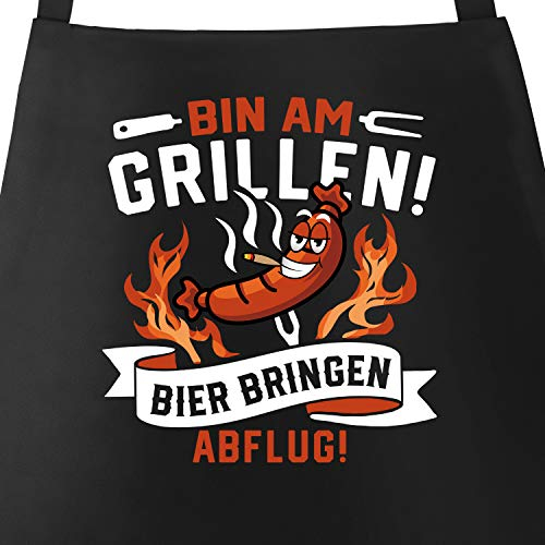 MoonWorks® Grill-Schürze für Männer mit Spruch Bin am Grillen! Bier bringen Abflug! Baumwollschürze Küchenschürze Schwarz unisize