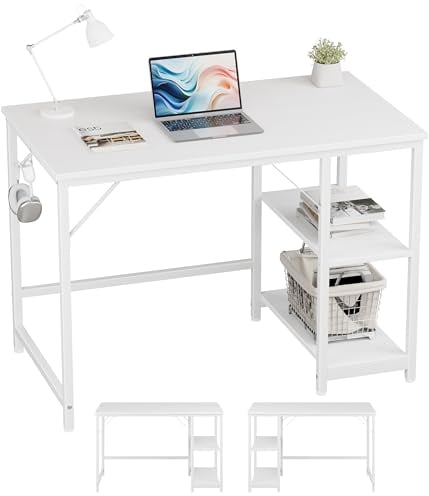 JOISCOPE Schreibtisch, Computertisch, Schreibtisch, Arbeitstisch, Gaming-Schreibtisch mit Kopfhörerhaken, 2 Regale, 100x60cm, weißer Tisch