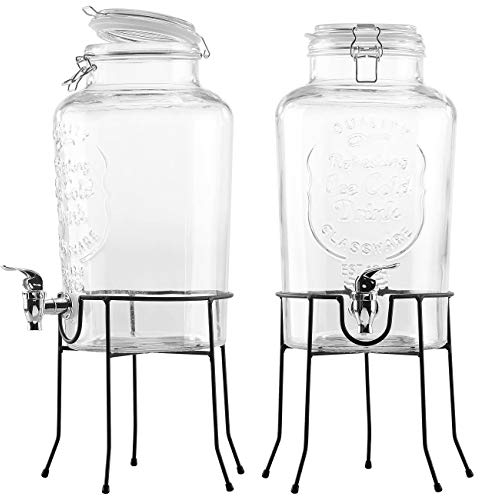 PEARL Wasserspender mit Hahn: 2er-Set Retro-Getränkespender aus Glas mit Ständer, Zapfhahn, 6, Liter (Getränkespender Wasserspender, Wasserkanister Glas mit Hahn, Geburtstag)