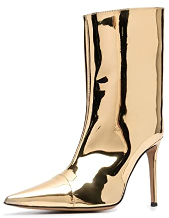 aanieshoeya Stivali Donna Moda Bassi Eleganti Ankle Boots con Tacco Alto a Spillo Autunno Oro 41EU