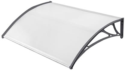 HENGMEI Vordach für Haustür Haustürvordach 150 x 100 cm Pultbogenvordach Polycarbonat, PP Halterung für draußen Sonnenschutz Regenschutz, Grauer Rahmen