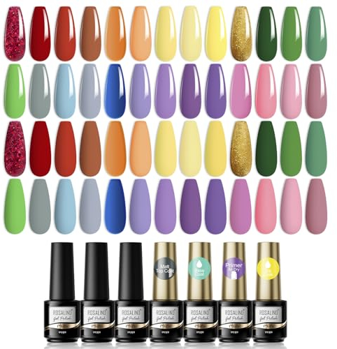 30 PCS UV Nagellack Set, ROSALIND 26 Farben Gel Nagellack, Rot Glitter Rosa Lila Blau Gelb Braun Grün Shellac Gel Nail Polish Nail Art mit Base Coat, Matt und Glänzende Top Coat & Primer