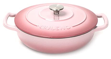 Pentola in ghisa smaltata rivestita in ghisa antiaderente con coperchio – robusto forno olandese poco profondo – Casseruola con manici ergonomici – Pentola da cucina sicura in forno rosa 26 cm