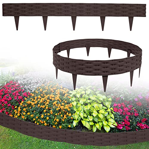 LZQ Rasenkante Beeteinfassung 25m,Biegbarer Kunststoff Beetumrandungen Rattan-Design Palisaden mit 25 Elemente á 100 cm,Braun