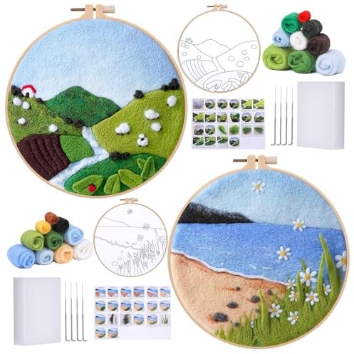 BUOKKON 2 Pack Needle Felting Kit, Needle Felting Tools for Beginner | Wool Felt Supplies with Instructions, Felting Needles, Wool, Embroidery Hoops for Home Decoration