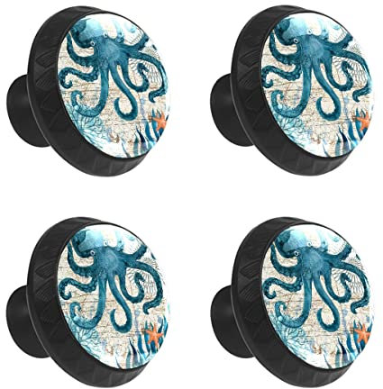 MEHOM 4 Pcs Crystal Glass Cabinet Drawer Knob,Cyan Octopus Ocean Round Drawer Knobs Kitchen Cabinets Dresser Cupboard Wardrobe Unique Pulls Handles