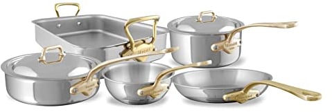 Mauviel M'Cook B 5-Ply Polished Stainless Steel 7-Piece Cookware Set With Brass Handles, Made In France