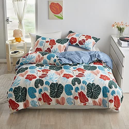 Luofanfei Bettwäsche 200x220cm Blätter Bunt Grün Weiß Rot Blau Tropische Pflanzen Bettwäsche Set Microfaser Bettbezug 220x200 und 2 Kissenbezüge 80x80cm mit Reißverschluss