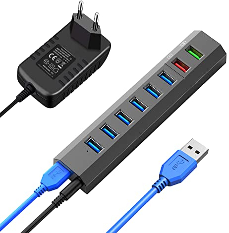 Vansuny HUB USB 3.0 Alimentato 8 Porte USB Hub Alimentato con Alimentatore 36W Grigio HUB USB 3.0 per PC Laptop Desktop