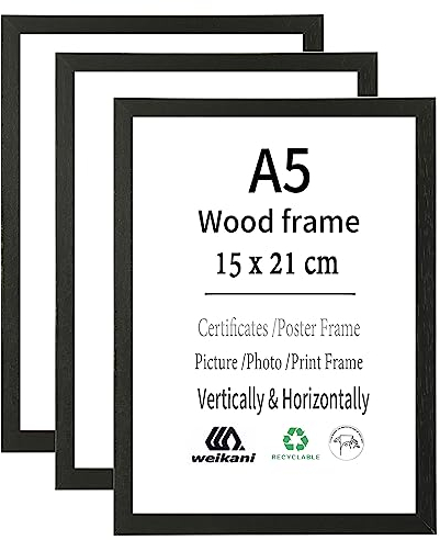 Weikani – Lot de 3 cadres photo en bois avec fenêtre en plexiglas, à afficher sur un mur ou à poser sur une surface, noir, A5, 15 x 21 cm