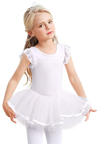 Vestido de ballet para niña, de algodón, tutú, tutú, tutú, tutú, tutú, tutú, para niños, con falda y vestido de bailarina, Blanco, 130 cm-140 cm