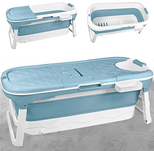 JNGLGO Baignoire pliable pour adulte XXL 148 x 62 x 53 cm, Baignoire portable pliable avec couvercle, repose-tête et rouleau de massage, baignoire pliable pour salle de bains