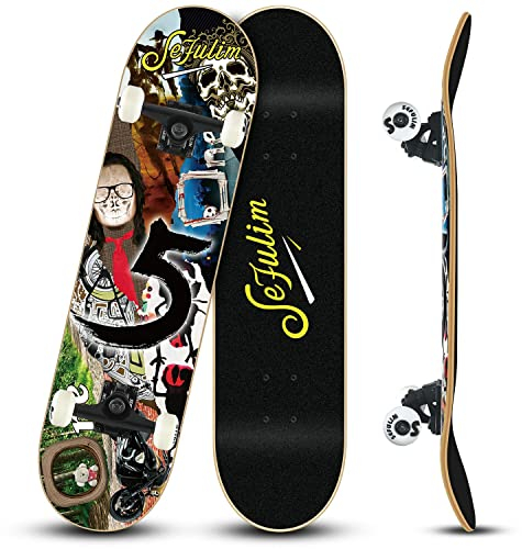 Sefulim 31 x 8 Zoll komplettes Skateboard 7-Schicht kanadischer Ahorn Double Kick Deck Concave Cruiser Trick Skateboard für Jungen Mädchen Teens Erwachsene Anfänger