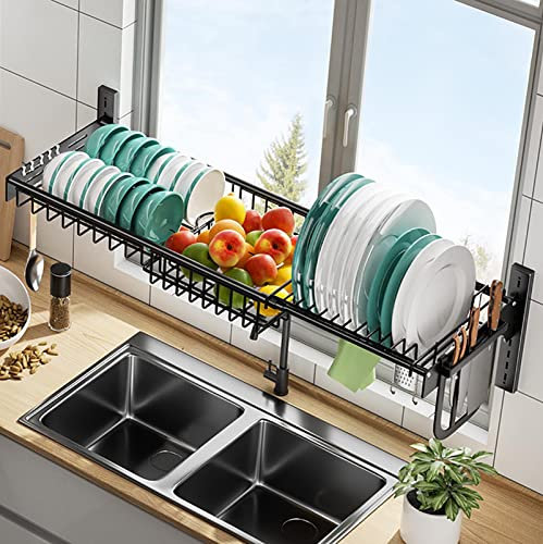 WestUx Escurridor de Platos De Acero Inoxidable Colgante de Pared con Organizador de Utensilios Negro para Mostrador De Cocina,Negro