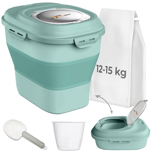 The FlexiNest Dog Food Storage Container 5kg 10kg 12kg 15kg,Airtight Food Storage Container for Pet Food, Rice, Flour, Cereal-Collapsible Dog Food Storage Bin with Sealed Lids, Wheels, Scoop and Cup