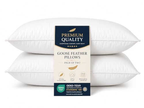 4All Lot de 2 oreillers en plumes d'oie - Rembourrage hypoallergénique supplémentaire - Soutien tête et cou - Oreillers confortables pour dormeurs sur le côté