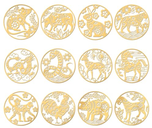 OLYCRAFT 9 Stück 4x4cm Goldene Metallaufkleber 12 Sternzeichen Aufkleber Selbstklebende Tiger Kaninchen Drachen Aufkleber Goldene Epoxid Aufkleber Für DIY Sammelalben Wasserflaschen Dekor