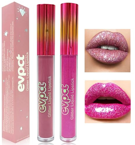 Likesing 2 Stück Glitzer Lippenstift Set Lipgloss 24 Stunden Halt Matte Lipstick Lip Gloss Long Lasting Lippenstift Pink Roter Nude Lip Balm Make up Damen Frauen Lipgloss Liquid Geburtstage Geschenk