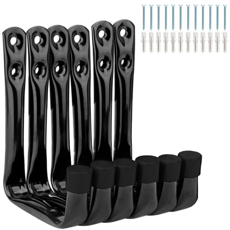 AUSYIWI Set di 6 ganci a J per muro, ganci da parete da 11,8 cm x 9 cm, ganci di utilità per attrezzi da giardino, per il deposito in garage, staffe da parete in acciaio (Nero)