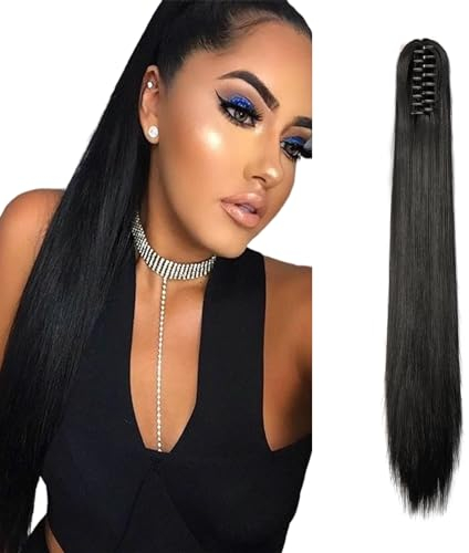 Dcbaboo Pferdeschwanz Haarteil Zopf Extension mit Klammer Glatt Lang Ponytail Extensions Haarverlängerung Clip Synthetik Gerade Pferdeschwanz Haarextension Zopf, 55cm Schwarz