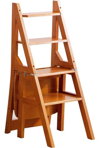 Convertible Folding Step Ladder Chair Stool,2 In 1 Wood Folding Stepladder Chair, Solid Pine Wood Folding Library Ladder Chair, Foldable 4-Step Stool Dual Purpose for Storage and Decoration