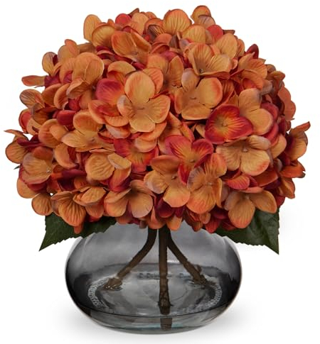 Fleurs d'hortensia artificielles dans un vase au toucher réaliste dans un vase en verre avec arrangement de fleurs artificielles orange en soie synthétique pour la maison, la salle de bain, le