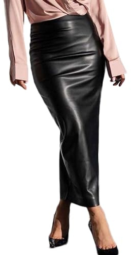 Damen Lack Leder Rock Lang Stretch Abendrock Figurbetonte Maxirock Bodycon Elegante Wetlook Sexy Hohe Taille PU Leder Röcke Party Clubwear Schwarz Weiß Rock Skinny Bleistiftröcke