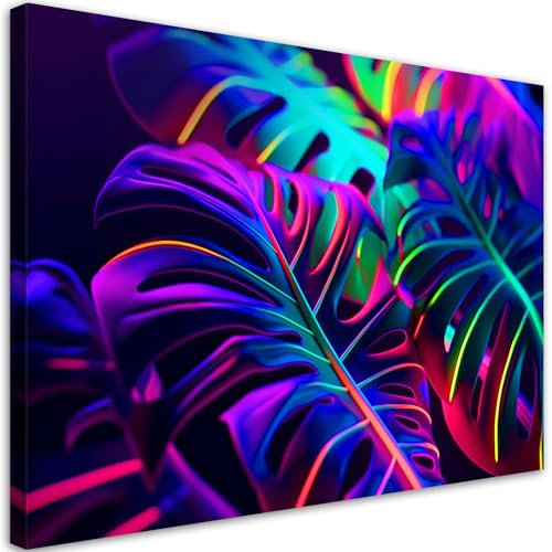Feeby - Wandbilder Wohnzimmer 120x80 cm, Tropische Blätter AI Neon, Leinwand Bilder, Bilder für Schlafzimmer, Echter Gemalter Effekt, Moderne Wanddeko, Gemälde - Natura Monstera mehrfarbig