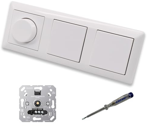 EBROM SET IDEE: JUNG 1730DD LED Drehdimmer Dimmer + Dimmerscheibe A1740WW und 2 x Lichttaster 531U in alpinweiß glänzend inklusive EBROM Phasenprüfer zur Montage der Geräte u.A. 1730 DD