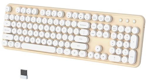 COVEVA Wireless Keyboard Multi-Device, 2.4G & Dual Bluetooth Keyboard, Computer Keyboard with 104 Keys, Typewriter Retro Round Keycaps Full-Size Keyboard for PC Laptop Mac iPad (White Milk-Tea)