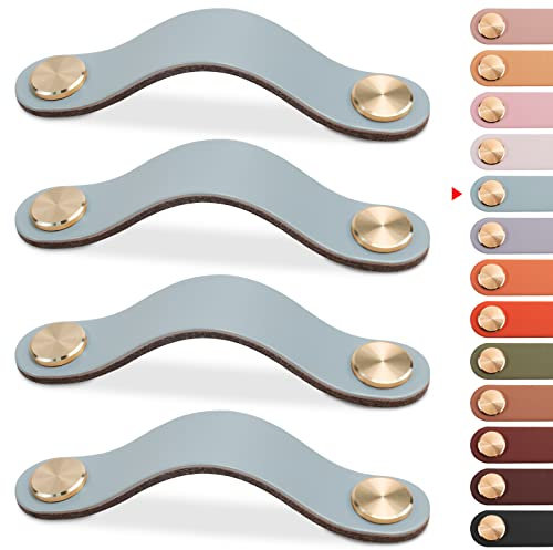 LEREATI 4pcs Leather Drawer Handles Drawer Knobs Kitchen Cupboard Handles, Leather Drawer Pulls for Cupboards, Wardrobe, Dresser, Closet (Blue, 160mm Hole Center)