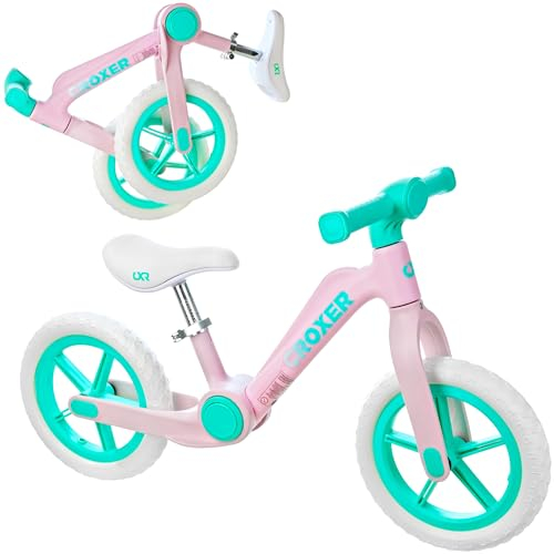 Croxer Kinderlaufrad Lauflernrad für Kinder, Jungen und Mädchen |Ultraleicht | höhenverstellbar | 12 Zoll | Gummigriffe (Foldi Mint/Pink ohne Handbremse)