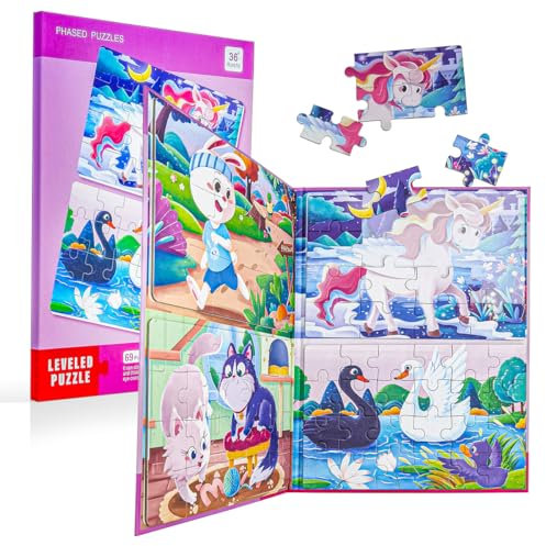 ECCHY Animal Unicorn Puzzles for Kids 3 4 5 Year Olds, Magnetic Jigsaw Puzzles Large Book 4-IN-1 (9, 16, 20 & 24 Pieces), Travel Toys Games for Toddler on Plane Car Trip