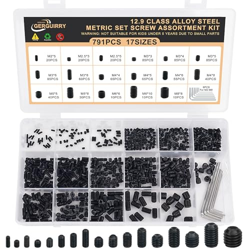 791PCS Set Screws, 17Sizes Metric Set Screw Assortment Kit, M2/2.5/3/4/5/6/8 12.9 Alloy Steel Black Grub Set Screws, Internal Hex Drive Cup-Point Screws for Bathroom Fixtures, Door Handles