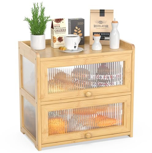 BAMBANG Extra Large Bamboo Bread Box for Kitchen Counter, Double Layer Bread Storage Container Farmhouse Bread Box with 4 Sides Transparency, Breadbox Bin Holder for Homemade Bread, Natural