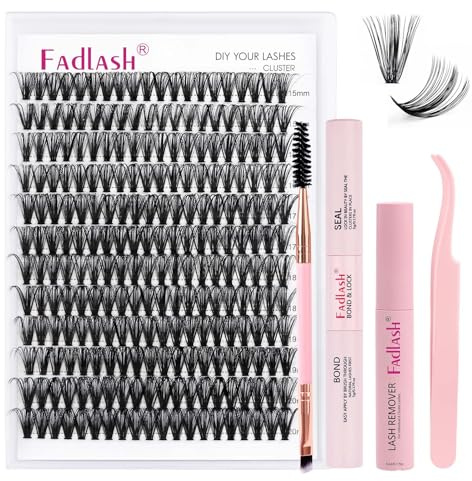 Fadlash Lashes Individual Cluster Kit 0.07 D Curl 15-20mm 40D Bond and Seal Lash Kit with Lash Bond and Seal and Eyebrow Brush Eyelash and Tweezers&Lash Remover