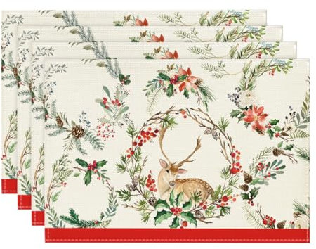 Artoid Mode Sika Hirsch Blumen Holly Mistletoe Weihnachten Platzsets 4er Set, 30x45cm Winter Tischset Waschbar Platzdeckchen Küche Party Deko