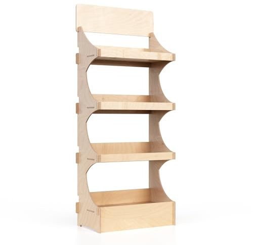 Aufsteller, Verkaufsaufsteller, Ladenaussteller, vom Boden, aus Holz, einfache Steckmontage, mit 4 Ebenen, natürlich und nachhaltig. (Breite 66 cm – 4 Leisten)