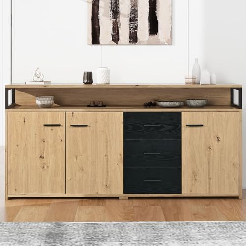 Aparador industrial, 150 x 35 x 75,9 cm, con tres puertas y tres cajones, armario de cocina, armario multiusos con asas de metal para dormitorio, salón y oficina